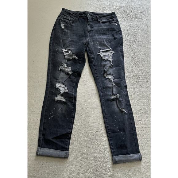 Judy Blue Destroyed Bleach Splatter Boyfriend Fit Black Jean Size 5 / 27 Womens - Picture 3 of 9